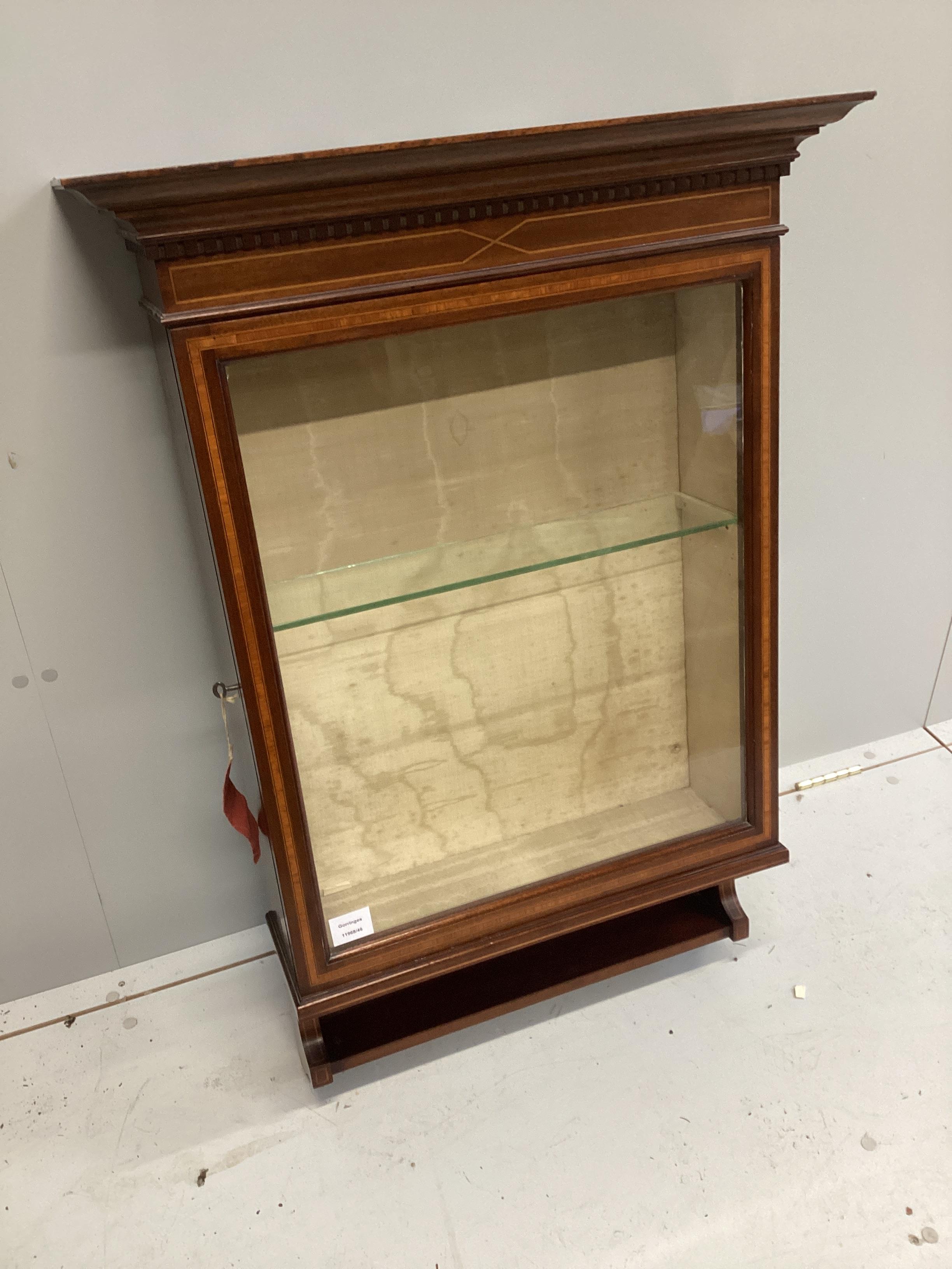 An Edwardian satinwood banded glazed mahogany wall cabinet, width 65cm, depth 21cm, height 95cm